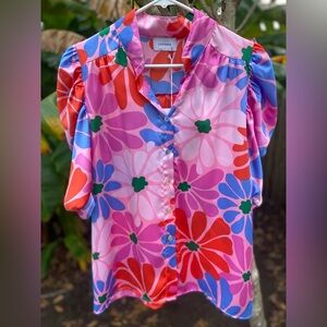 ADRIENNE NWT Sweet Petals Floral Aida Button Front Puff Sleeve Top Size Large